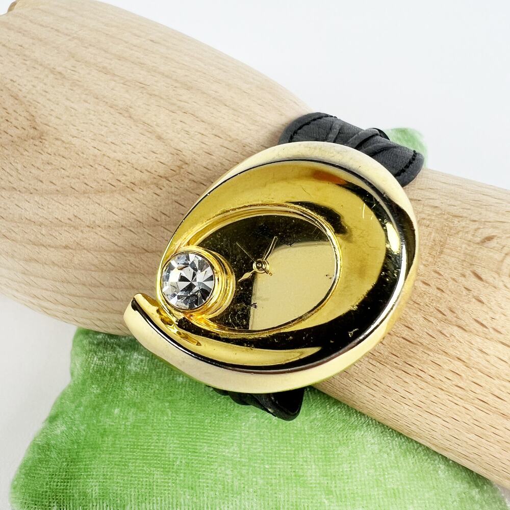Vintage Renee Nicol quartz watch gold rhinestone diamond and black band working